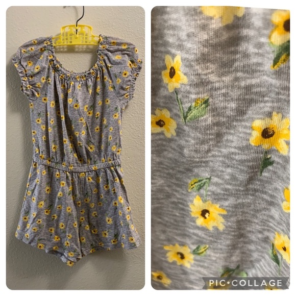 Old Navy Sunflower Romper Girl’s Size 6-7 Cotton Yellow Gray Grey Spring - Picture 1 of 6